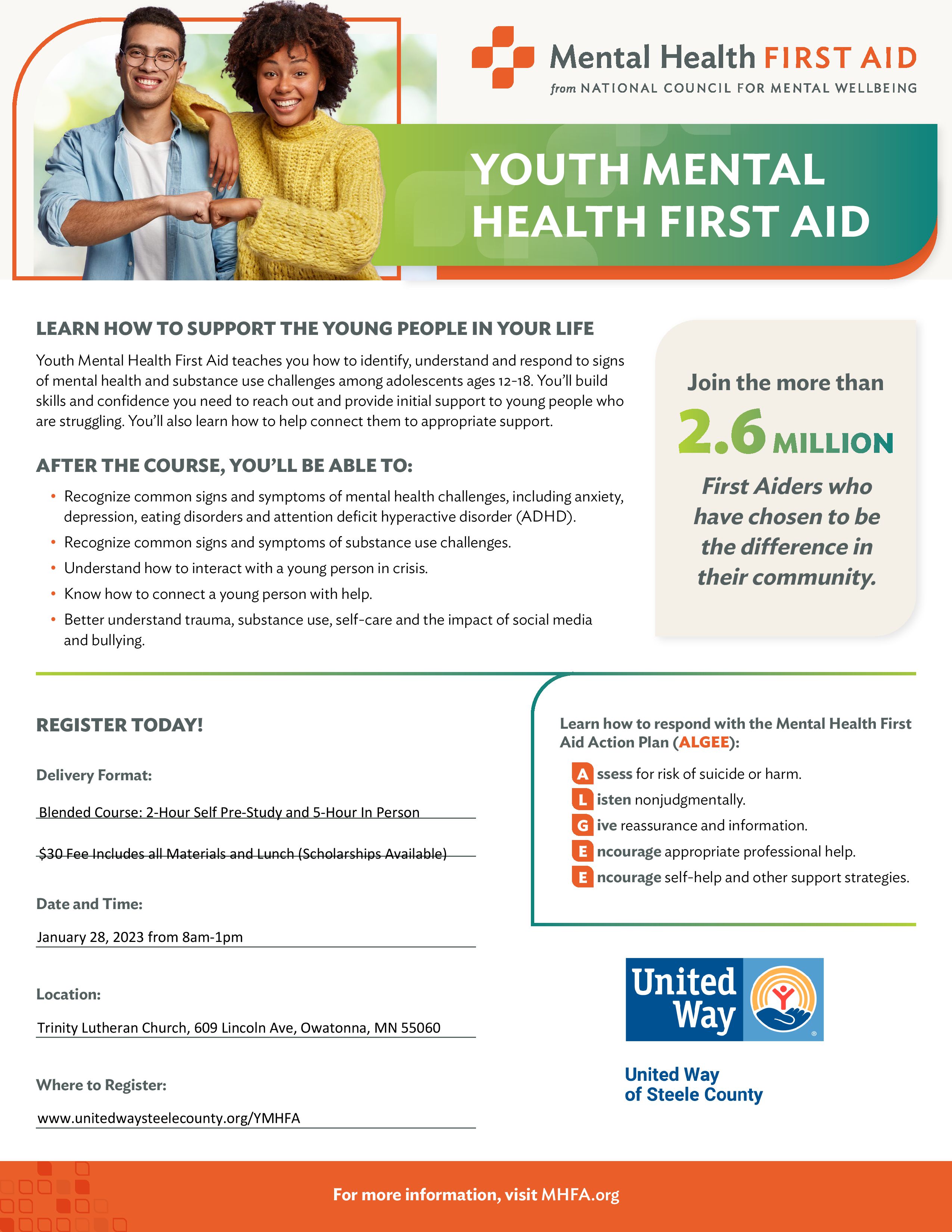 Youth mental health first aid registration united way of steele county